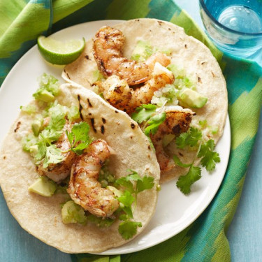 Salsa Verde Grillade Räkor Två Taco Tallrik